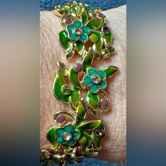Vintage Monet Green and Purple Floral Enamel Bracelet with Intricate Design - Picture 2 of 6